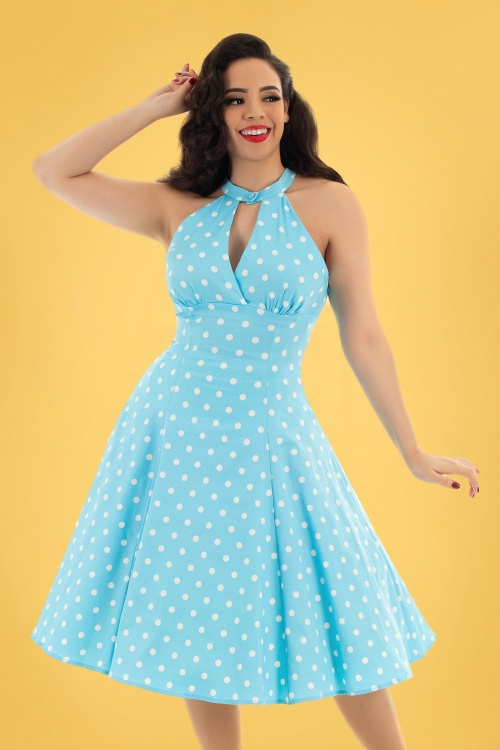 Hearts & Roses - 50s Dotty Polkadot Swing Dress in Light Blue