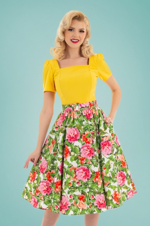 Hearts & Roses - Francine Floral Swing Skirt Années 50 en Vert et Rose