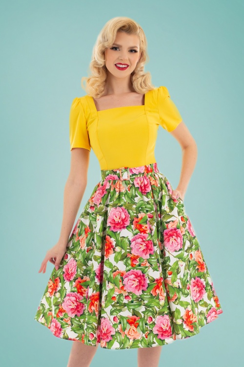 Hearts & Roses - 50s Francine Floral Swing Skirt in Green and Pink 