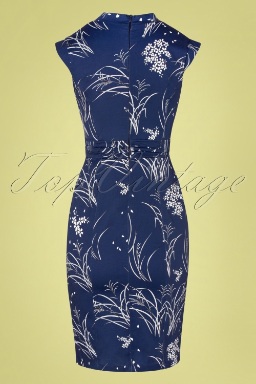 Hearts & Roses - TopVintage exclusive ~ Annabella Floral Wiggle Dress Années 50 en Bleu Marine 5