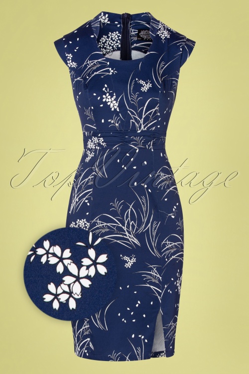 Hearts & Roses - Exclusief bij Topvintage ~ Annabella wiggle jurk met bloemenprint in marineblauw 2