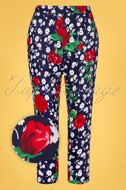 Hearts & Roses - TopVintage exclusive ~ Vivid Floral Capri Trousers Années 50 en Bleu Marine
