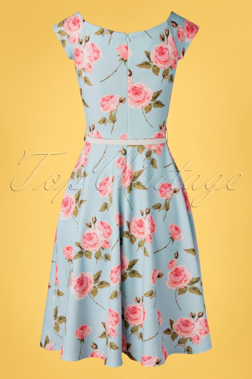 Vintage Chic for Topvintage - Merle swingjurk met bloemen en stippen in pastelblauw 5