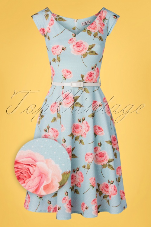 Vintage Chic for Topvintage - Merle swingjurk met bloemen en stippen in pastelblauw 2