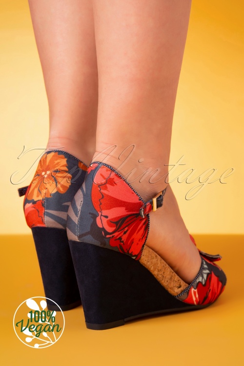 Ruby Shoo - 60s Molly Flower Wedges in Navy and Coral 5