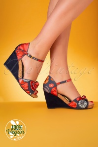 Ruby Shoo - 60s Molly Flower Wedges in Navy and Coral 4
