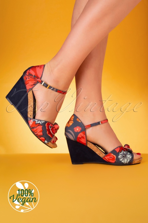 Ruby Shoo - 60s Molly Flower Wedges in Navy and Coral 4