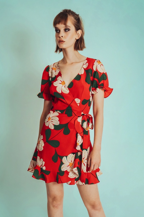 Vixen - Reem Floral Wrap Dress Années 70 en Rouge 2