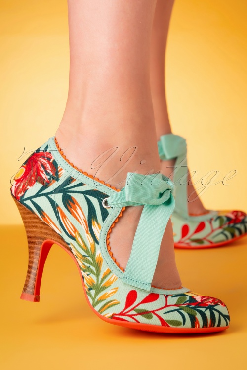 Ruby Shoo - 50s Willow Floral Pumps in Aqua 