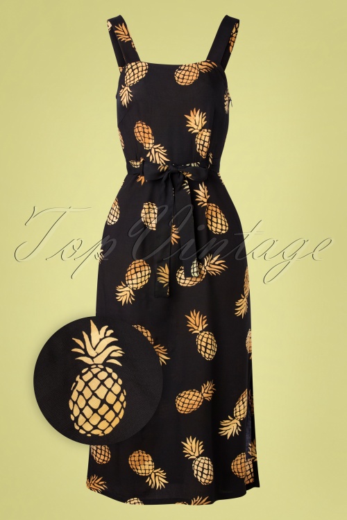 Sugarhill Brighton - Elva Handcrafted Batik Pineapple Dress Années 70 en Noir