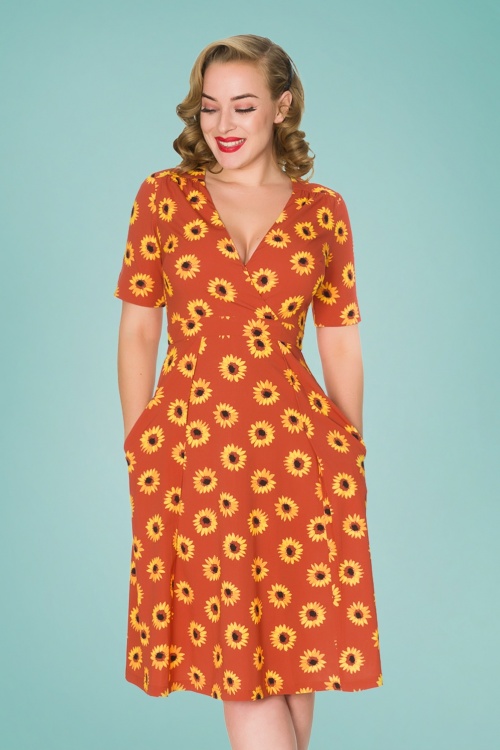 Timeless - 50s Stephanie Sunflower Swing Dress in Rust