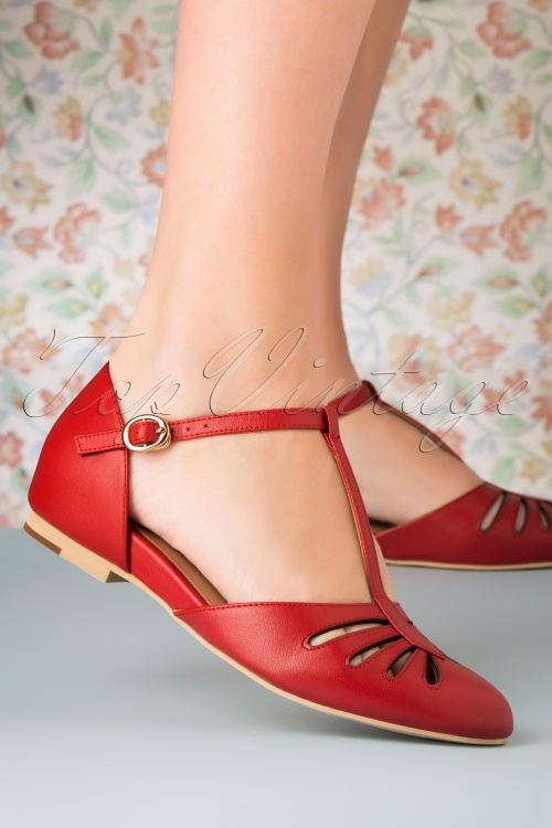 Charlie Stone - Singapore T-Strap Flats Années 50 en Rouge