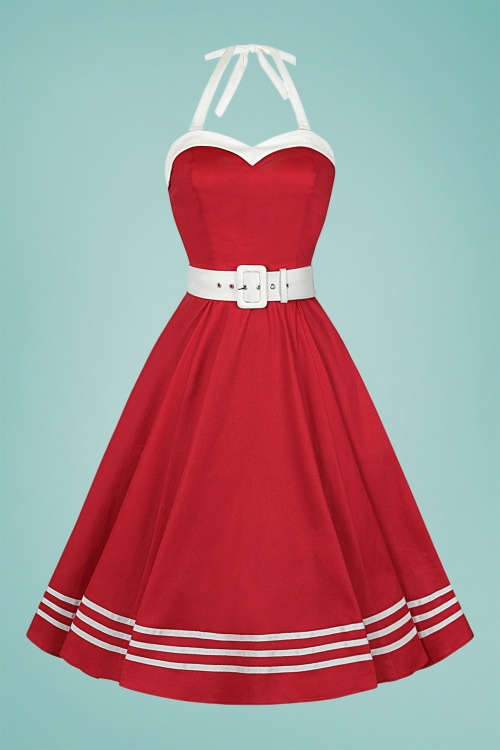 Collectif Clothing - Georgie – Nautisches Neckholder-Swing-Kleid in Rot