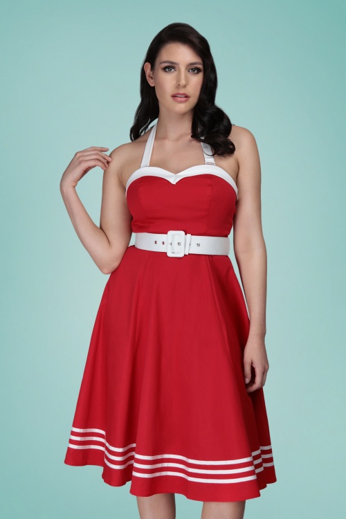 Collectif Clothing - Georgie – Nautisches Neckholder-Swing-Kleid in Rot 2