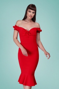 Collectif Clothing - 50s Sasha Plain Fishtail Pencil Dress in Lipstick Red
