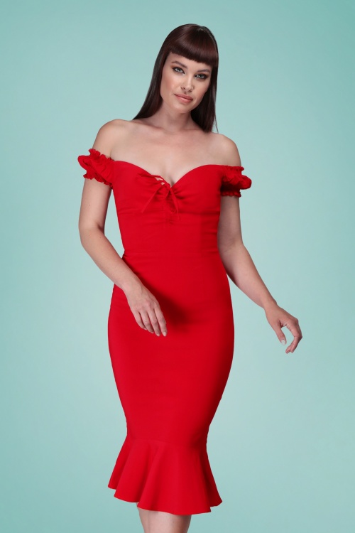 Collectif Clothing - 50s Sasha Plain Fishtail Pencil Dress in Lipstick Red