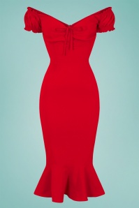 Collectif Clothing - 50s Sasha Plain Fishtail Pencil Dress in Lipstick Red 2