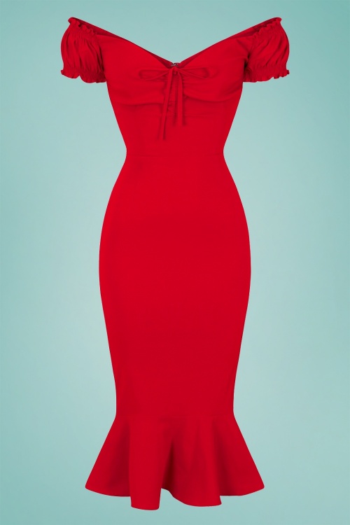 Collectif Clothing - 50s Sasha Plain Fishtail Pencil Dress in Lipstick Red 2