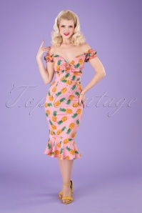 Collectif Clothing - Sasha Pineapple Fishtail Pencil Dress Années 50 en Rose Vif 2