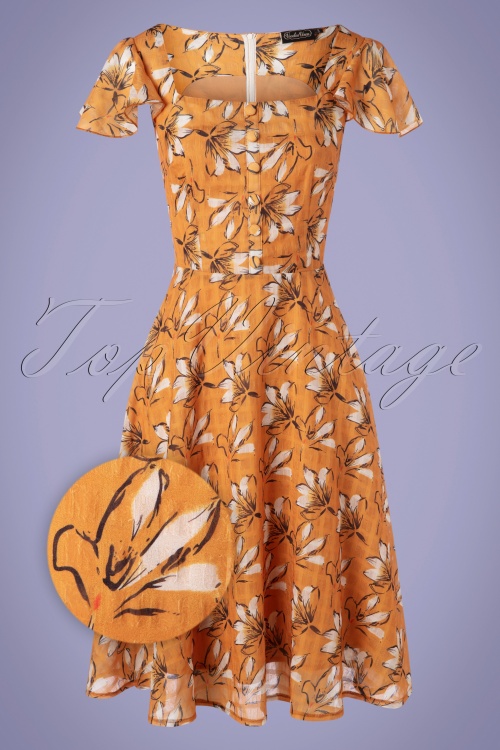 Vixen - 50s Margot Floral Swing Dress in Mustard