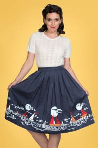 Banned Retro - 50s Summer Sail Pleated Swing Skirt in Navy
