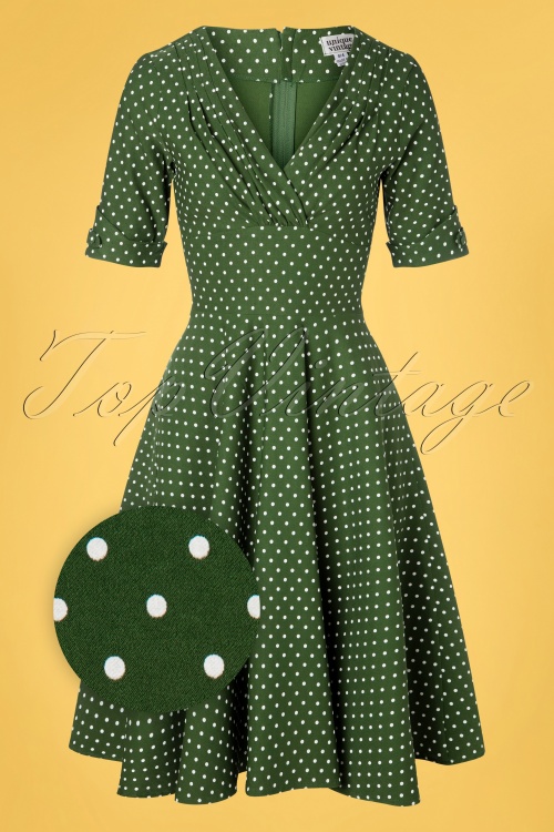 Unique Vintage - Delores Dot swing jurk in groen en wit 2