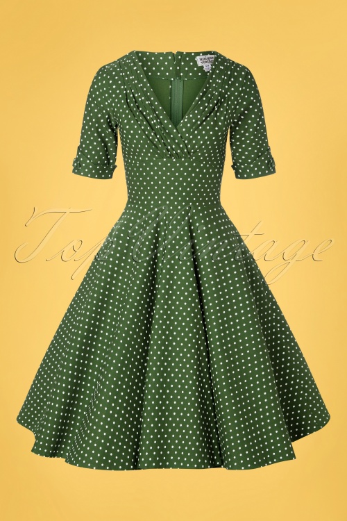 Unique Vintage - 50s Delores Dot Swing Dress in Green and White 3