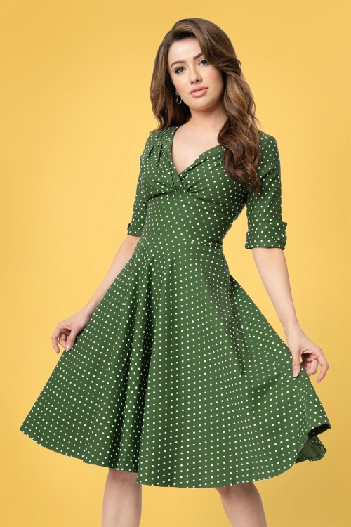 Unique Vintage - 50s Delores Dot Swing Dress in Green and White