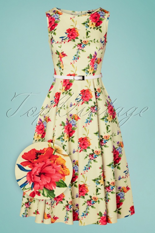 Lady V by Lady Vintage - Hepburn blossoming poppy swing jurk in crème