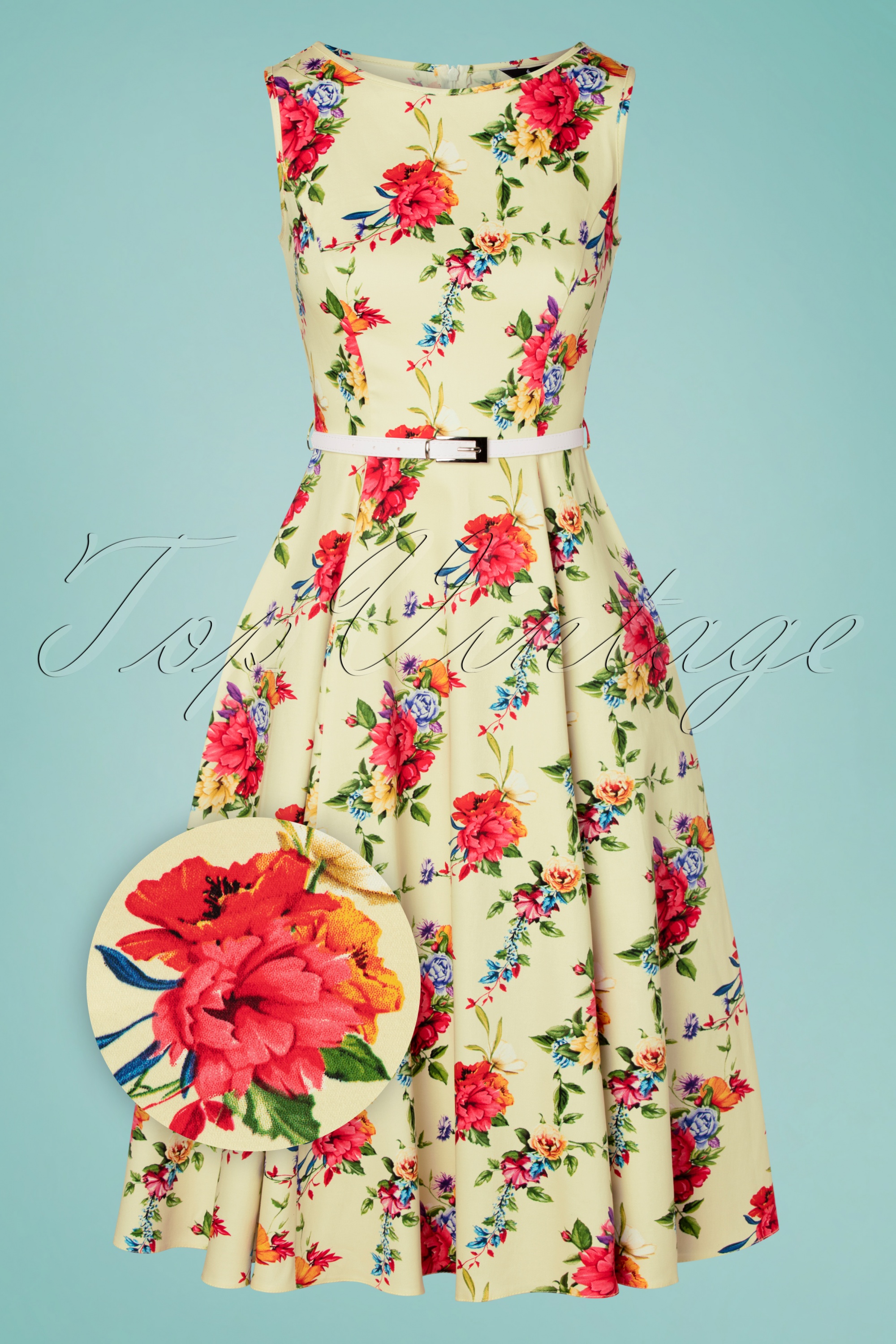 Lady V by Lady Vintage - Hepburn blossoming poppy swing jurk in crème