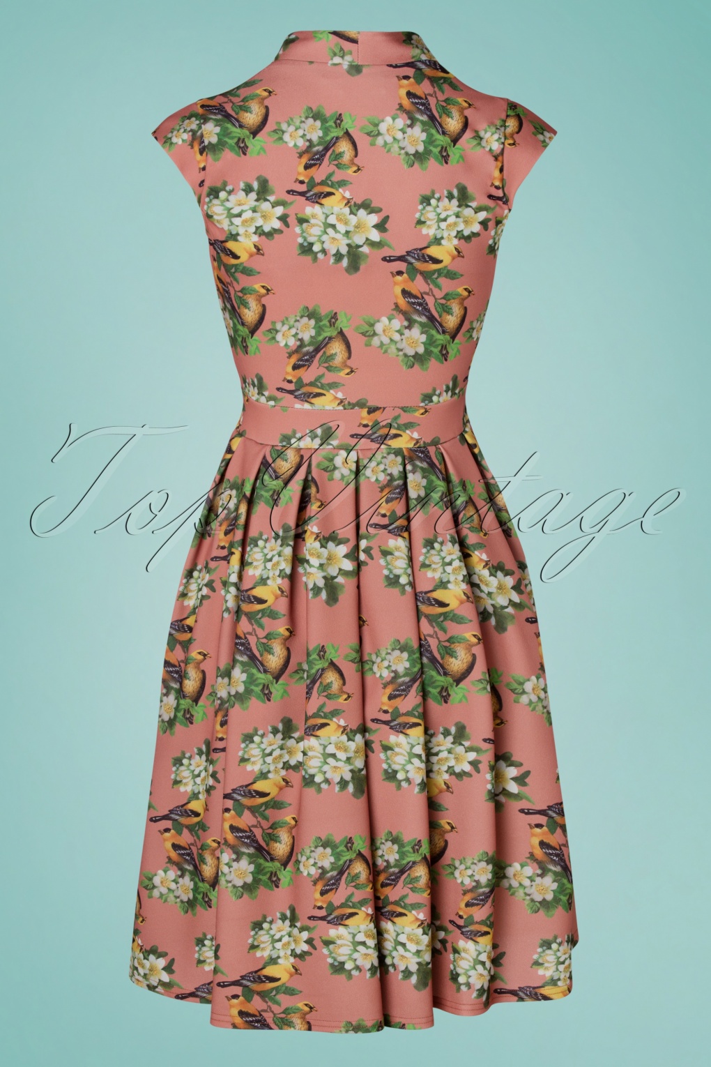 50s Eva Trio Birds Swing Dress in Vintage Pink