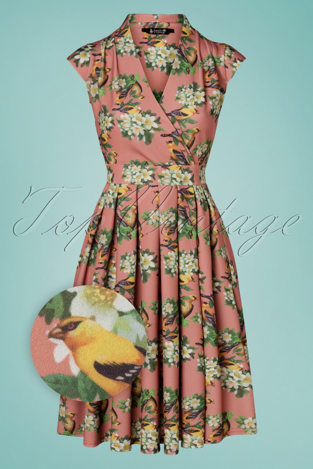 50s Eva Trio Birds Swing Dress in Vintage Pink