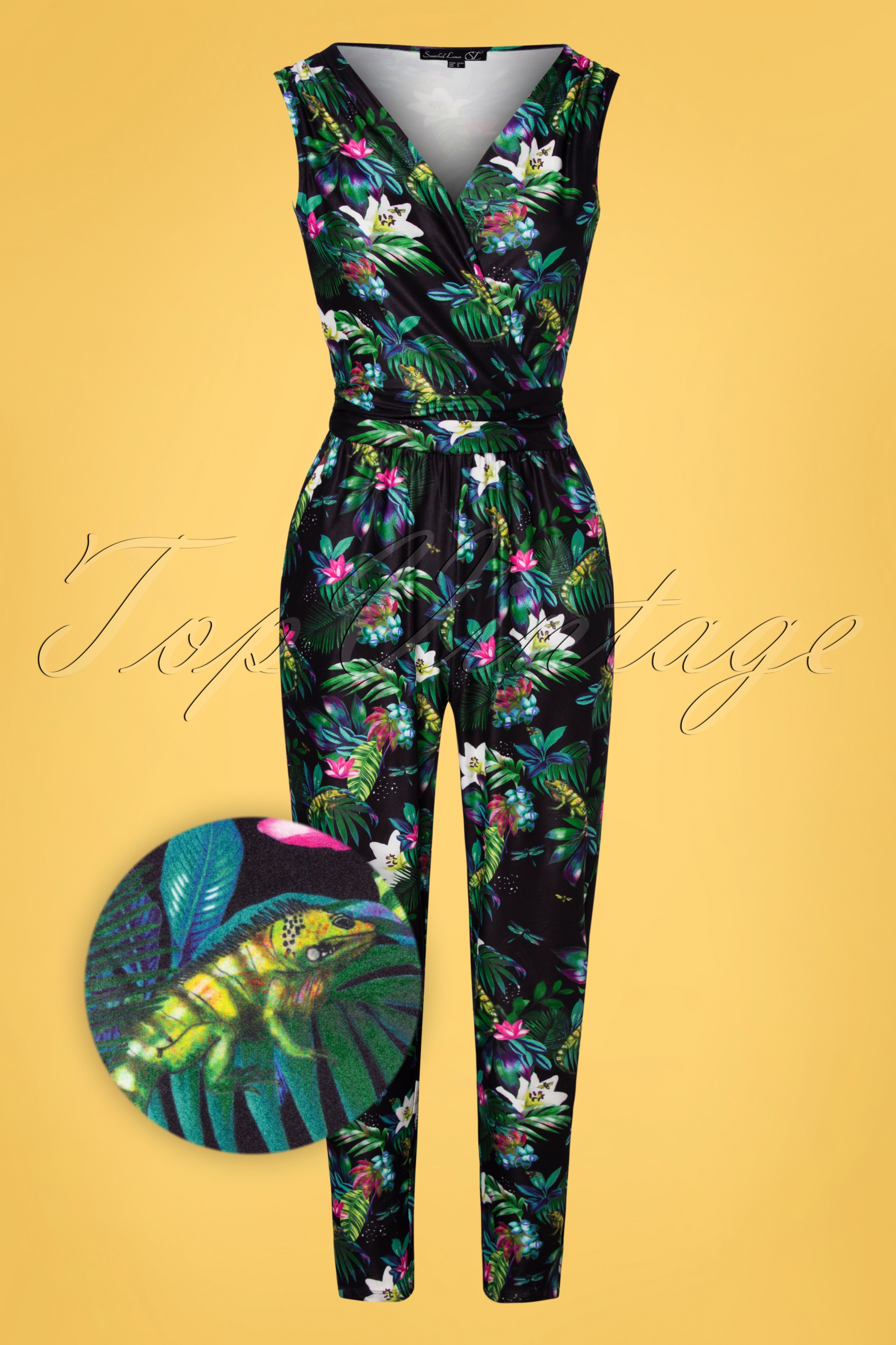 Smashed Lemon 60s Julia Floral Jumpsuit in Black | Shop at