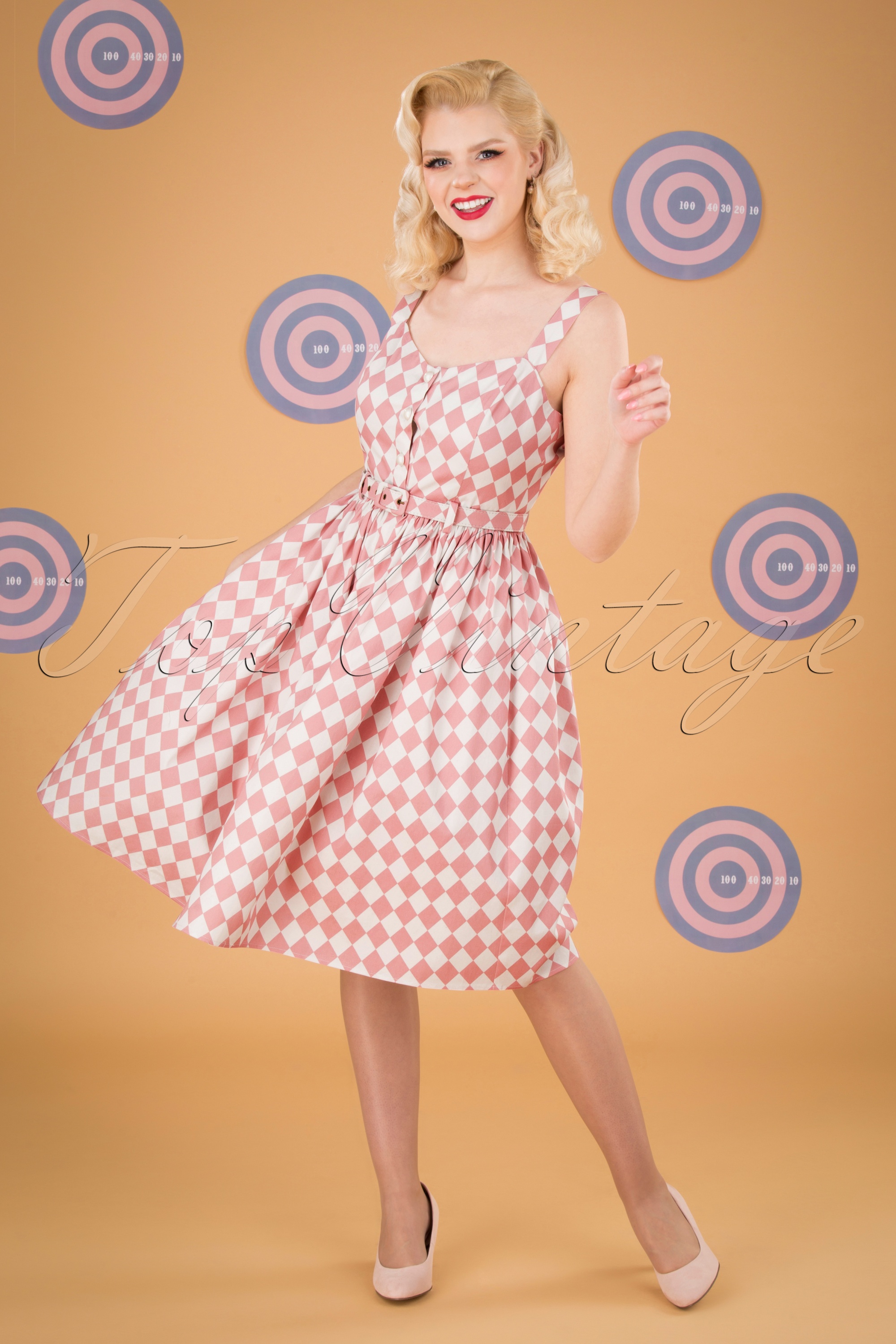 Collectif ♥ Topvintage - Jemima Harlequin swingjurk in roze