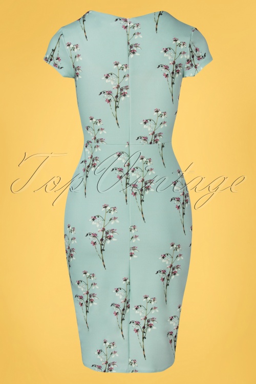 Vintage Chic for Topvintage - Kristina Bleistiftkleid mit Blumenmuster in Duck Egg Blue 2