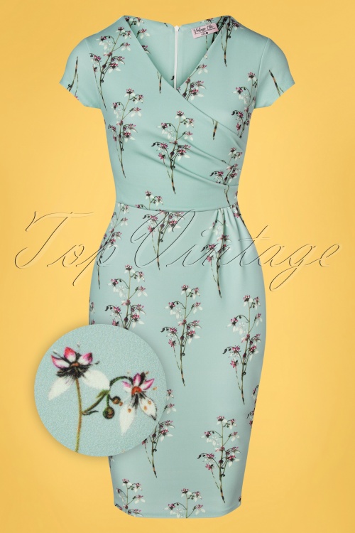 Vintage Chic for Topvintage - 50s Kristina Floral Pencil Dress in Duck Egg Blue