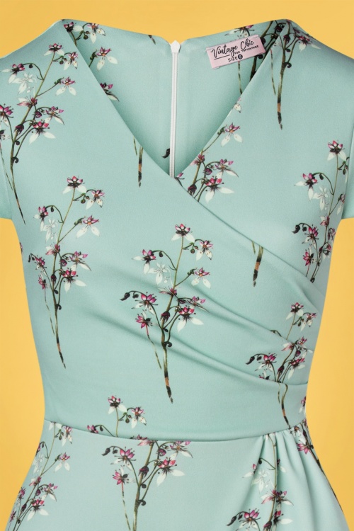 Vintage Chic for Topvintage - Kristina floral pencil jurk in duck egg blauw 3