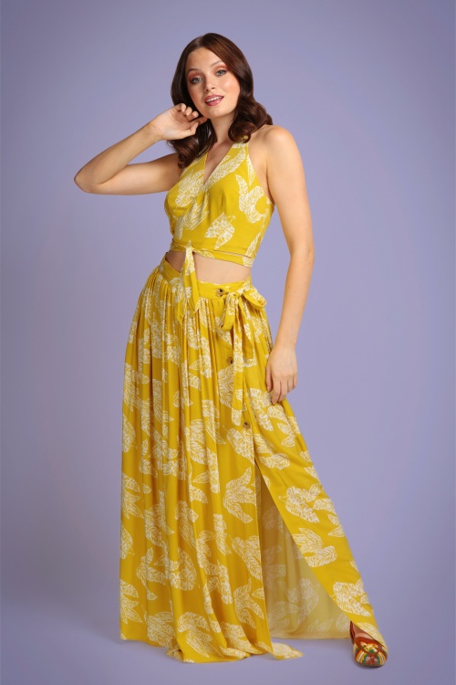 Collectif Clothing - 70s Kaira Golden Leaf Maxi Skirt in Yellow