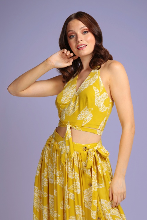 Collectif Clothing - 70s Alizee Golden Leaves Halter Top in Yellow