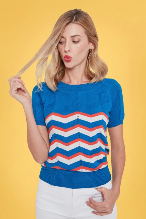 Mademoiselle YéYé - 60s Zick Zack Knit Top in Blue and Peach 2