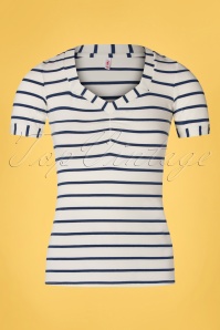 Blutsgeschwister - 50s Logo Stripes T-Shirt in Ivory White and Navy 2