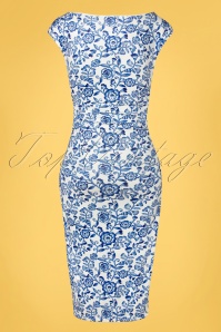 Vintage Chic for Topvintage - Kensley Floral Pencil Dress Années 50 en Blanc et Bleu 2