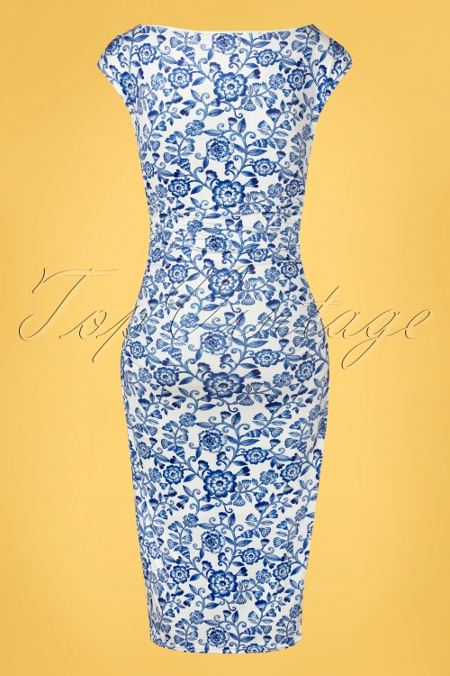 Vintage Chic for Topvintage - 50s Kensley Floral Pencil Dress in White and Blue 2