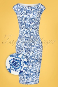 Vintage Chic for Topvintage - 50s Kensley Floral Pencil Dress in White and Blue