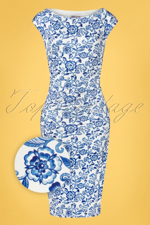 Vintage Chic for Topvintage - 50s Kensley Floral Pencil Dress in White and Blue