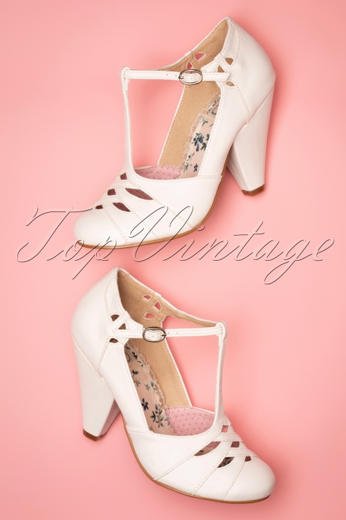 Bettie Page Shoes - Laura T-Strap Pumps Années 50 en Blanc