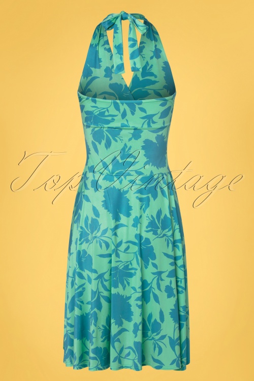 Vintage Chic for Topvintage - Yolanda Floral Halter Dress Années 60 en Menthe et Bleu 2