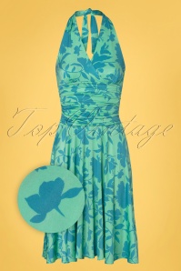 Vintage Chic for Topvintage - Yolanda Floral Halter Dress Années 60 en Menthe et Bleu