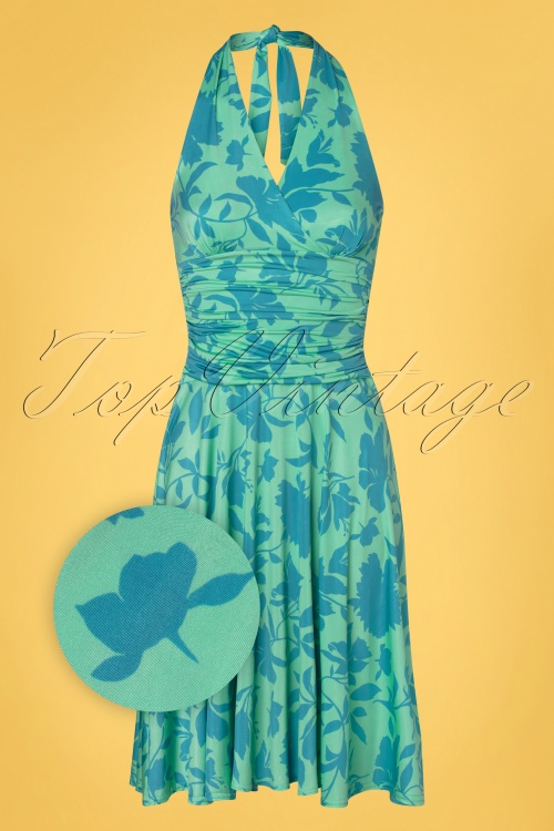 Vintage Chic for Topvintage - Yolanda Floral Halter Dress Années 60 en Menthe et Bleu