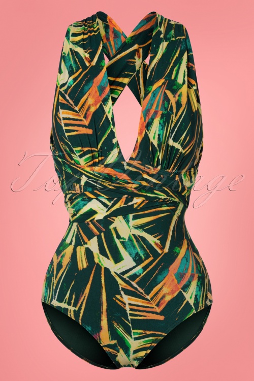 TC Beach - 50s Multiway Palm Leaves Swimsuit in Green